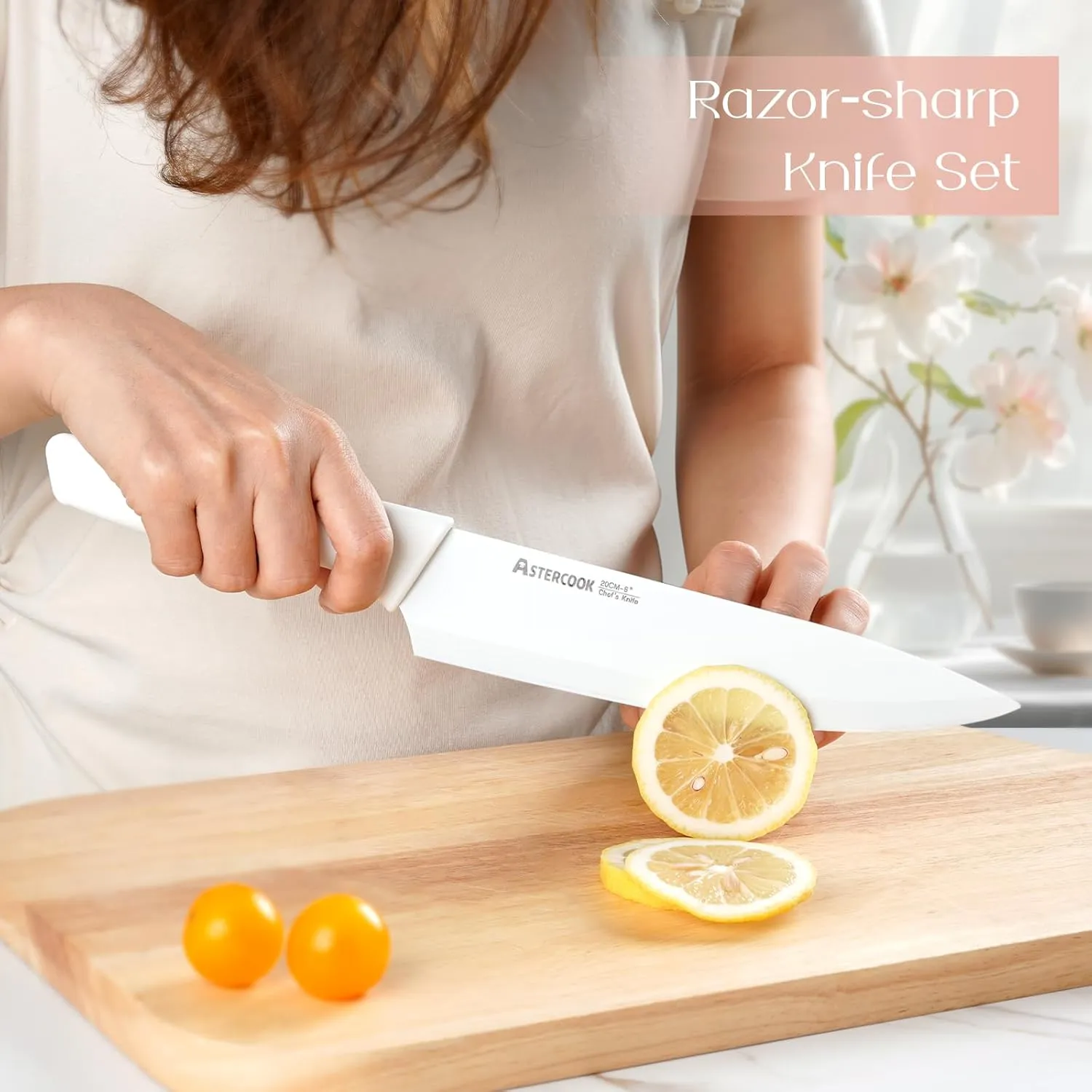 Astercook Knife Set for Kitchen 15 Piece with Block and Sharpener Kitchen Knives with Ceramic Coating Sharp Blade Dishwasher Safe Knife Block Set with Anti-slip Ergonomic Handle, Elegant White