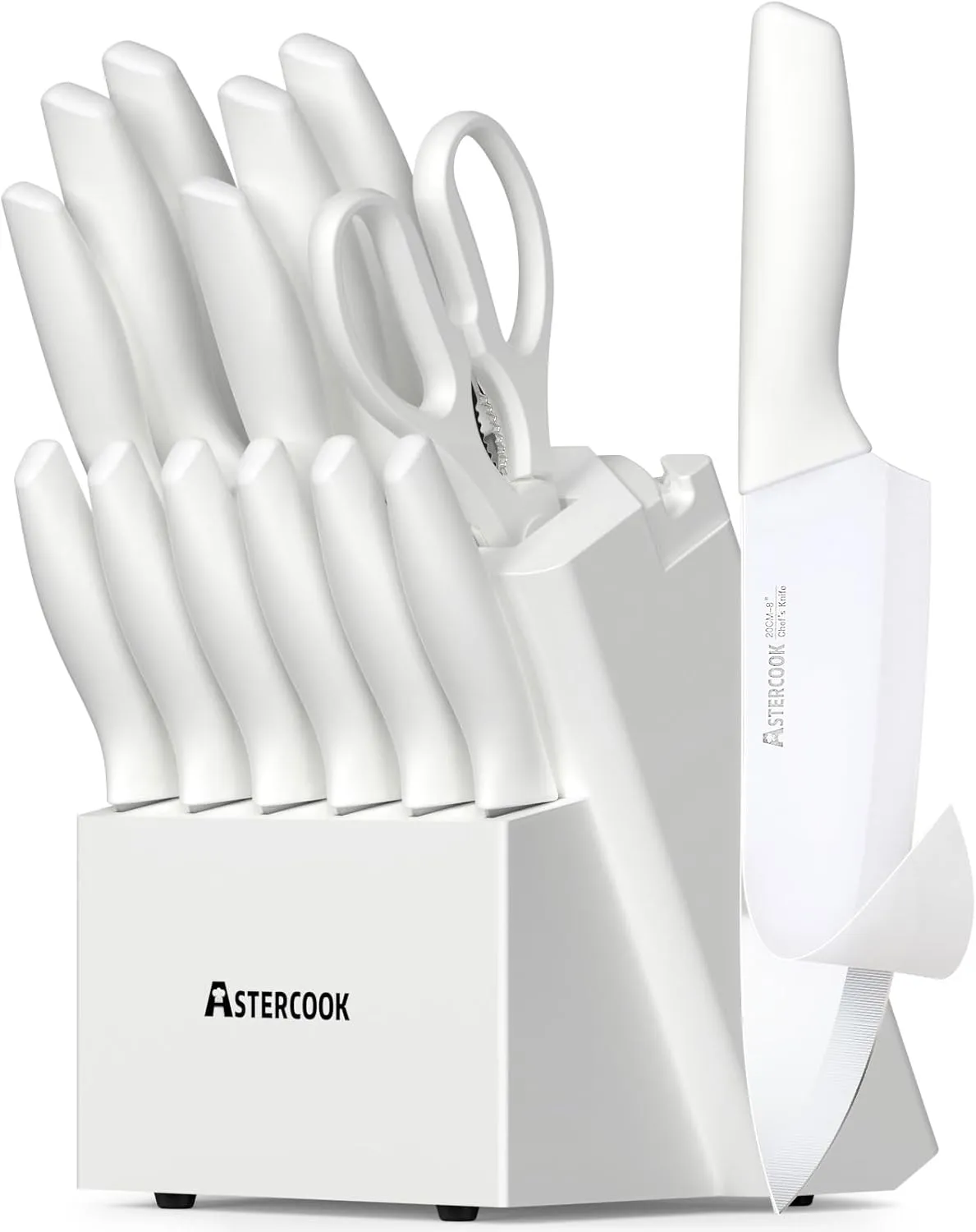Astercook Knife Set for Kitchen 15 Piece with Block and Sharpener Kitchen Knives with Ceramic Coating Sharp Blade Dishwasher Safe Knife Block Set with Anti-slip Ergonomic Handle, Elegant White