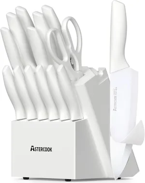 Astercook Knife Set for Kitchen 15 Piece with Block and Sharpener Kitchen Knives with Ceramic Coating Sharp Blade Dishwasher Safe Knife Block Set with Anti-slip Ergonomic Handle, Elegant White