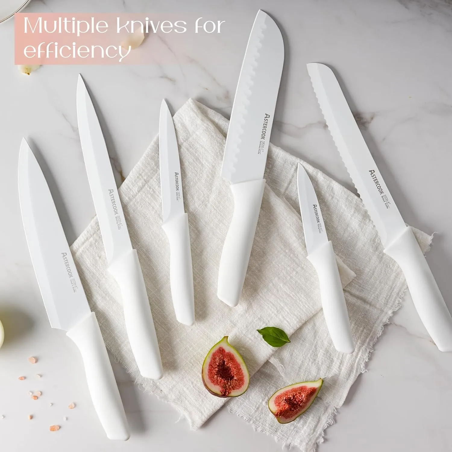 Astercook Knife Set for Kitchen 15 Piece with Block and Sharpener Kitchen Knives with Ceramic Coating Sharp Blade Dishwasher Safe Knife Block Set with Anti-slip Ergonomic Handle, Elegant White