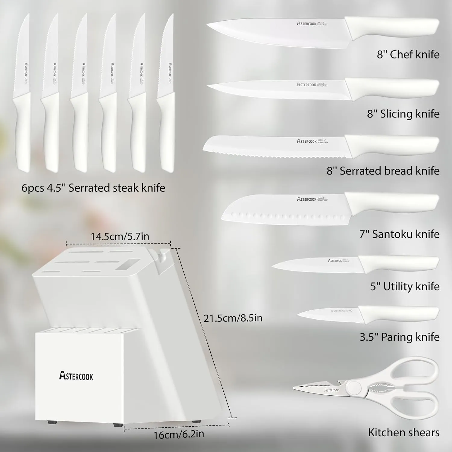 Astercook Knife Set for Kitchen 15 Piece with Block and Sharpener Kitchen Knives with Ceramic Coating Sharp Blade Dishwasher Safe Knife Block Set with Anti-slip Ergonomic Handle, Elegant White