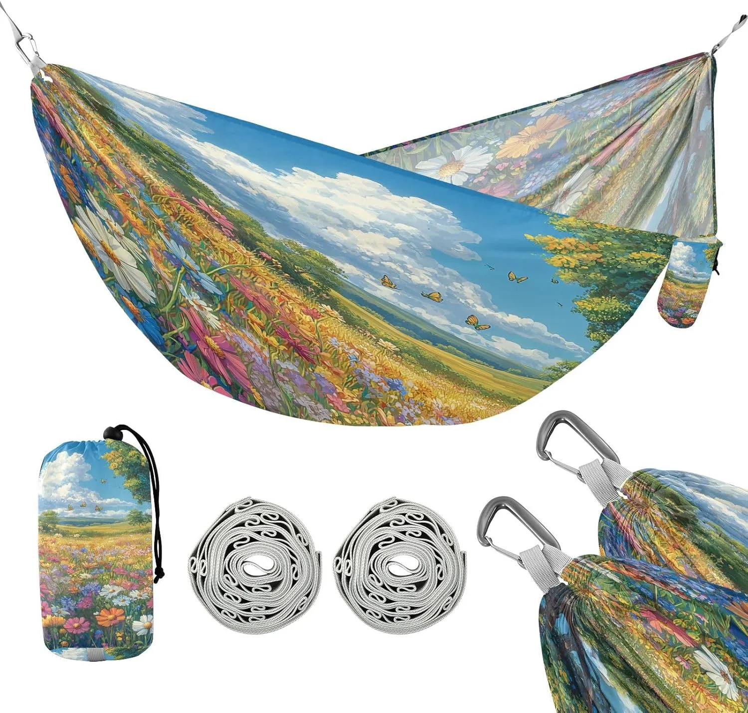 ATTX Colorful Wildflowers Meadow Camping Hammock - Lightweight & Portable Hammocks, Heavy Duty 330lbs Capacity for Indoor, Hiking, Backpacking, Travel, Backyard, Beach#592
