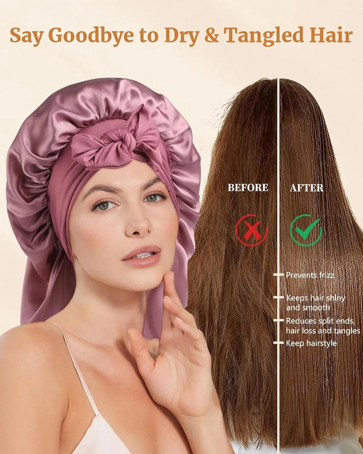 AWAYTR Silk Bonnet for Long Hair - 100% Mulberry Silk Bonnet for Sleeping Women or Kids with Adjustable Elastic Band