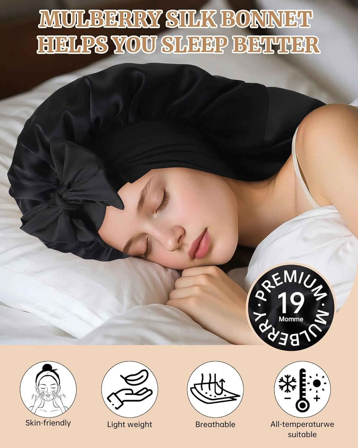 AWAYTR Silk Bonnet for Long Hair - 100% Mulberry Silk Bonnet for Sleeping Women or Kids with Adjustable Elastic Band