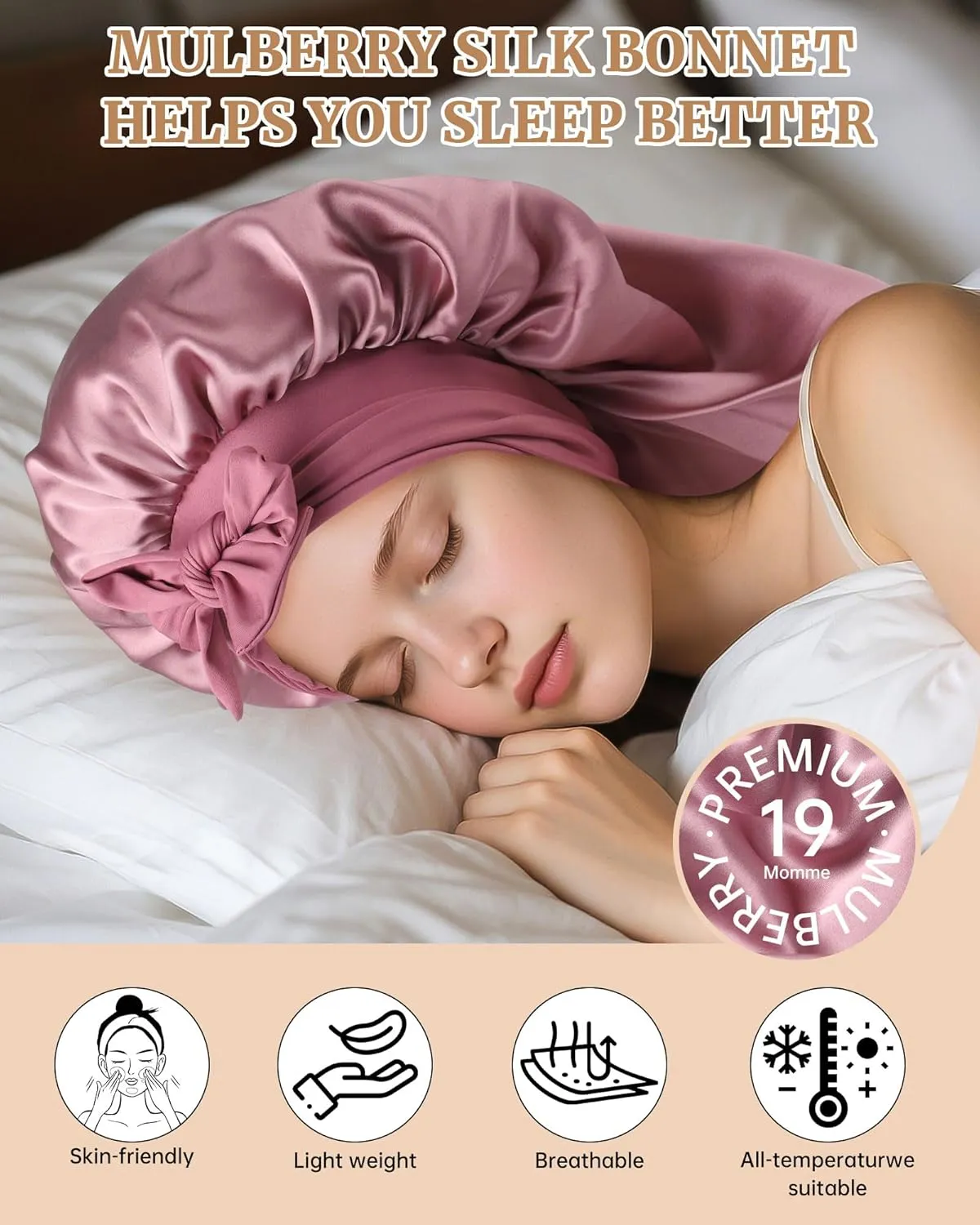 AWAYTR Silk Bonnet for Long Hair - 100% Mulberry Silk Bonnet for Sleeping Women or Kids with Adjustable Elastic Band