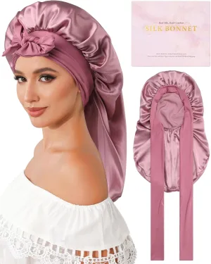 AWAYTR Silk Bonnet for Long Hair - 100% Mulberry Silk Bonnet for Sleeping Women or Kids with Adjustable Elastic Band