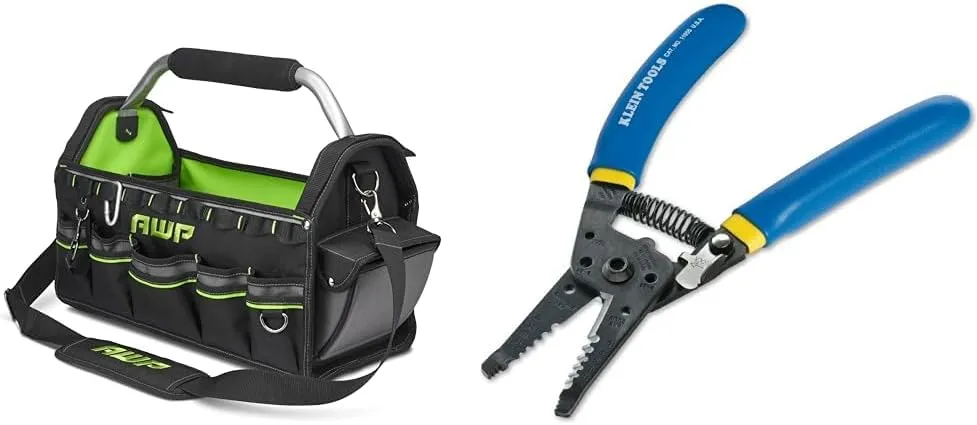 AWP 18 Inch Pro Tool Tote with Rotating Handle for Easy Tool Access & Klein Tools 11055 Wire Cutter and Wire Stripper
