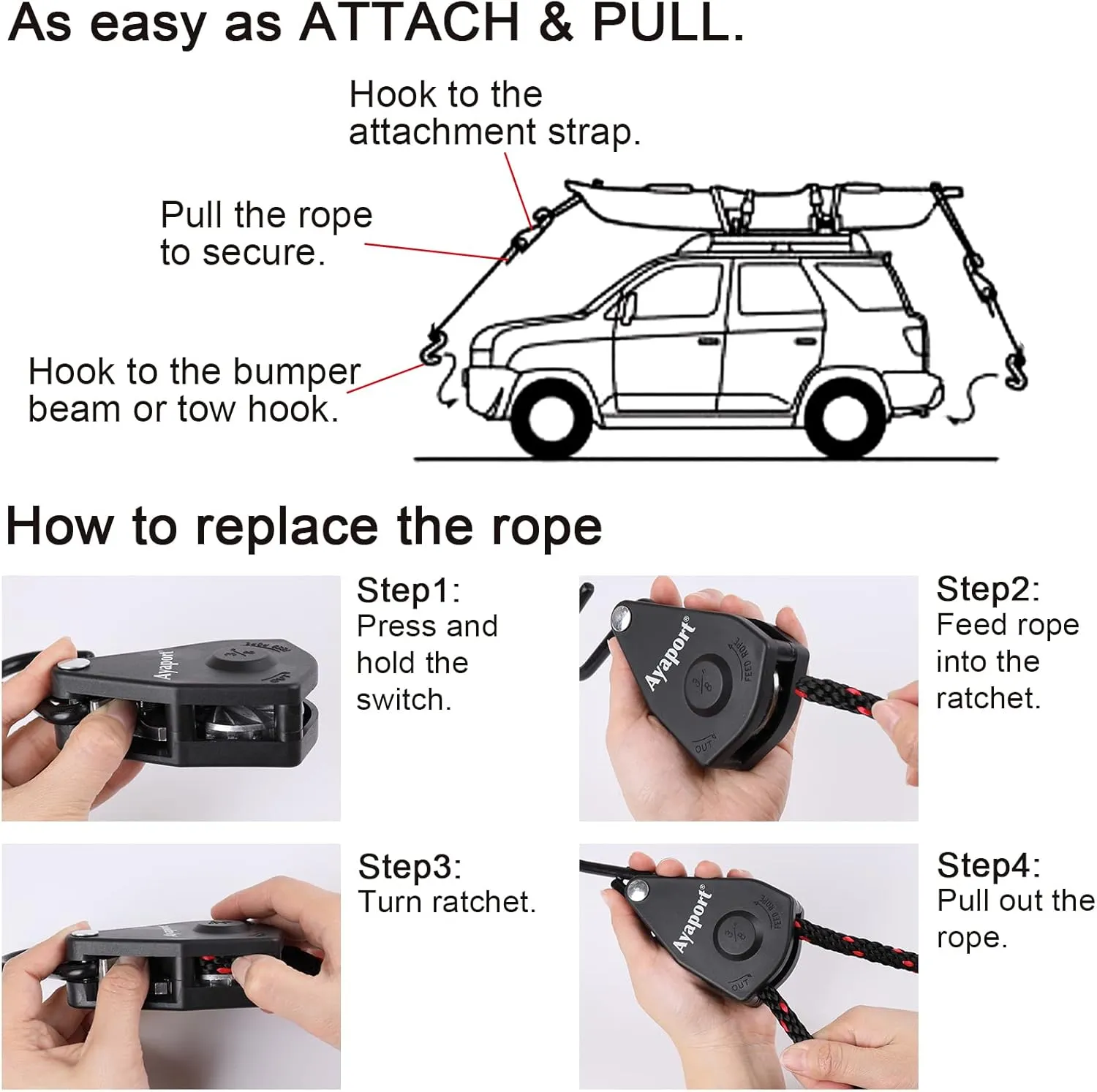 Ayaport Kayak Rope Tie Down Ratchet Straps Bow and Stern Ratcheting Tie Downs Rope Hanger Kayak and Canoe Accessories