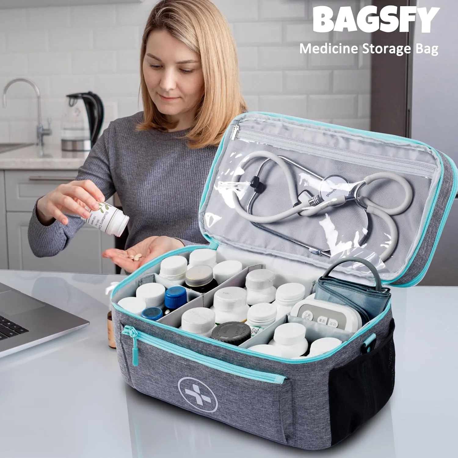 BAGSFY Travel Medicine Bag Organizer, Medical Bag Empty, Pill Bottle Organizer for Home, Large Medication Storage, Travel Carrying Case First Aid Kit Bags Empty, Emergency Kit.