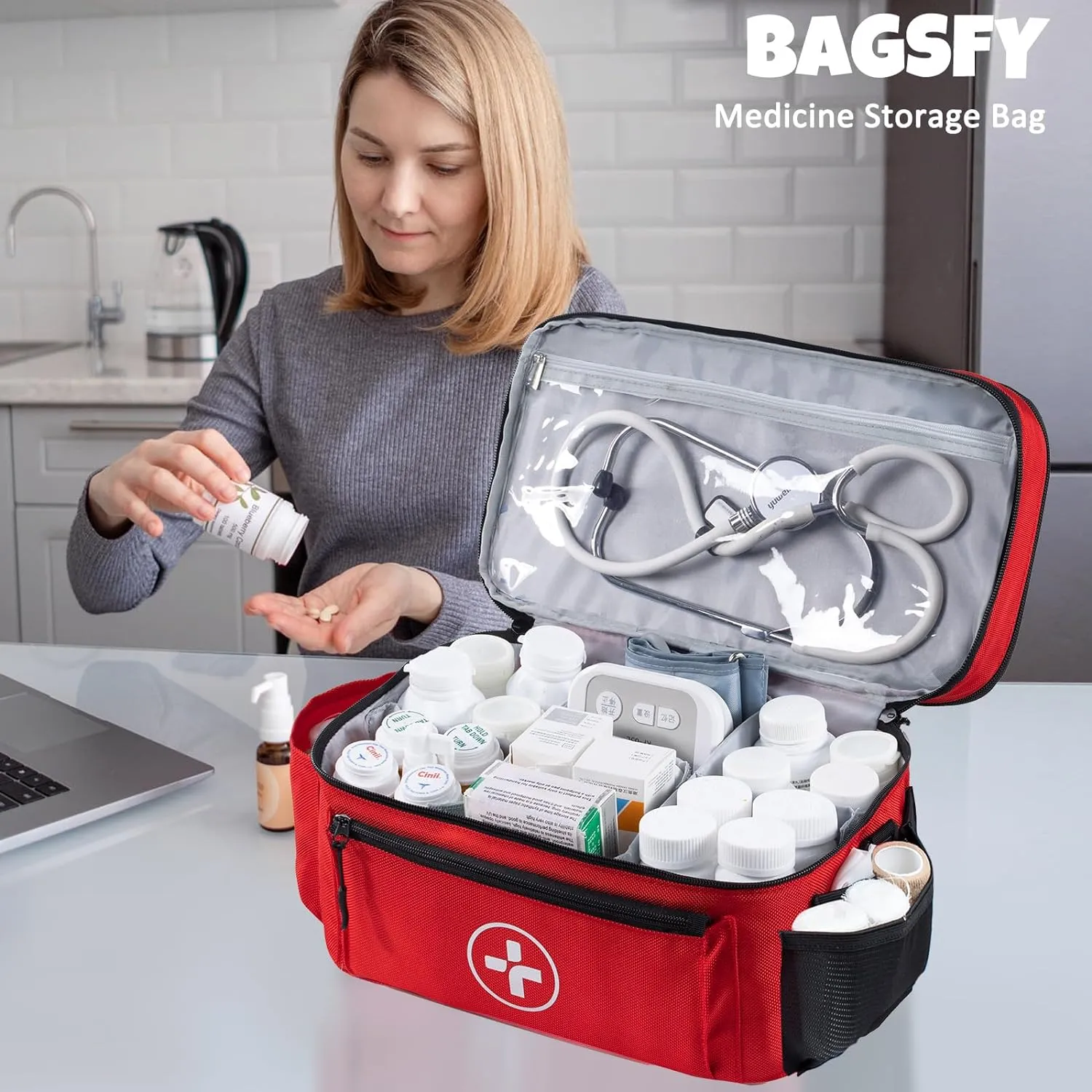 BAGSFY Travel Medicine Bag Organizer, Medical Bag Empty, Pill Bottle Organizer for Home, Large Medication Storage, Travel Carrying Case First Aid Kit Bags Empty, Emergency Kit.