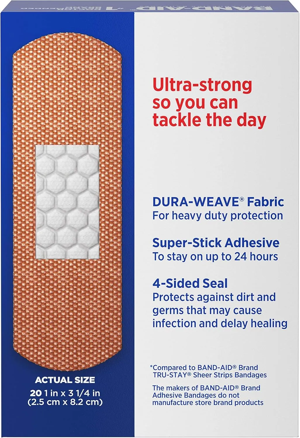 Band-Aid Brand Sterile Tough Strips Adhesive Bandages for First Aid & Wound Care, Durable Protection & Comfort for Minor Cuts, Scrapes & Burns, Heavy-Duty Fabric Bandages, One Size, 20 ct