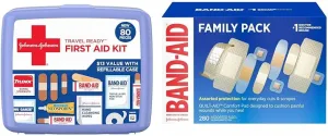 Band-Aid Travel Ready Portable Emergency First Aid Kit for Minor Wound Care & Brand Adhesive Bandage Family Variety Pack, Sheer & Clear Flexible Sterile Bandages