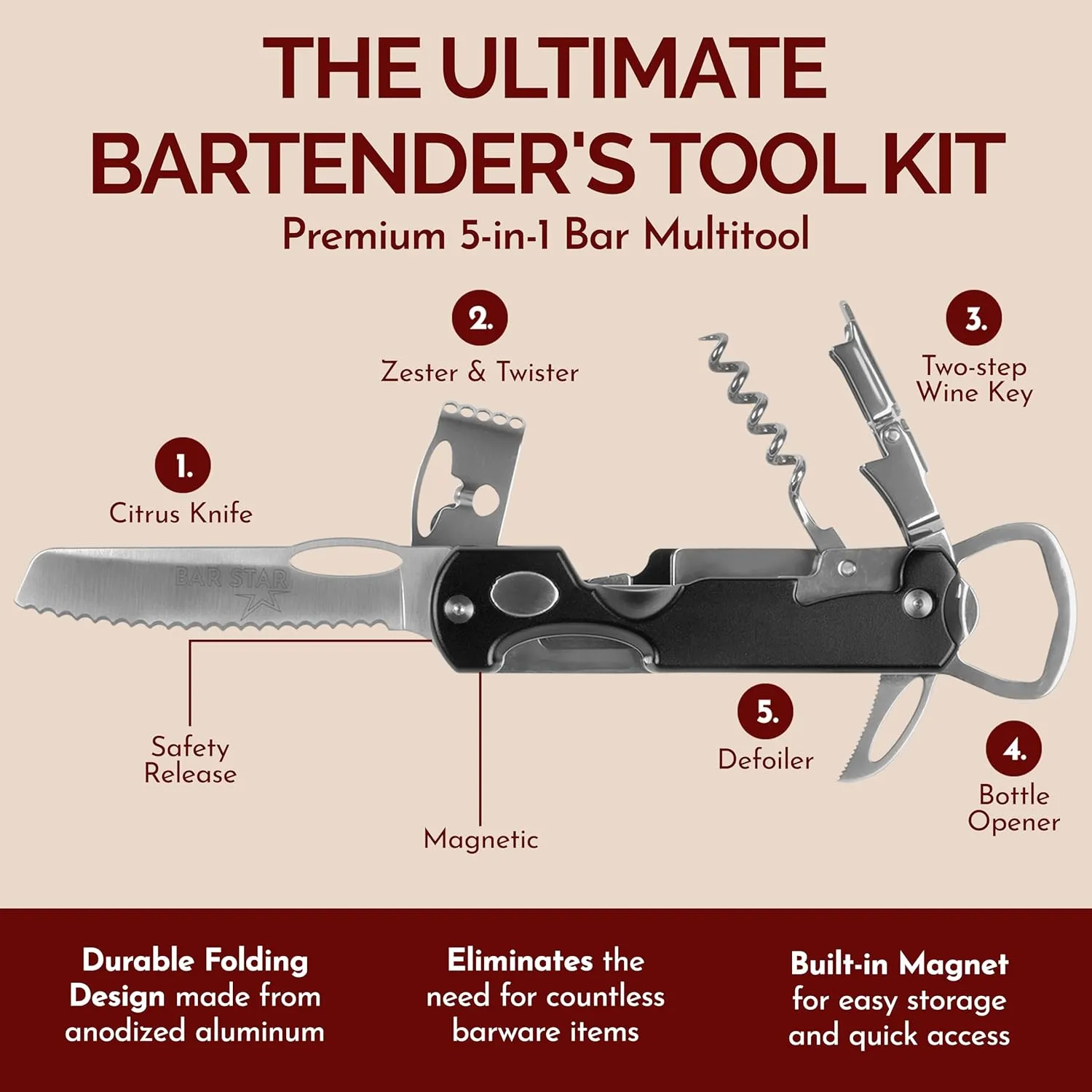 Bartender's All-in-One Bar Tool Set: Corkscrew, Zester, Citrus Knife and Bottle Opener Kit with Magnet for Picnics, Tailgating, BBQs, Camping, Travel, Beach Parties and Bartending, Black