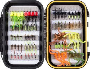 BASSDASH 80pcs Fly Fishing Flies Kit with Waterproof Fly Box for Bass Trout Fishing Include Poppers, Dry Wet Flies, Nymphs