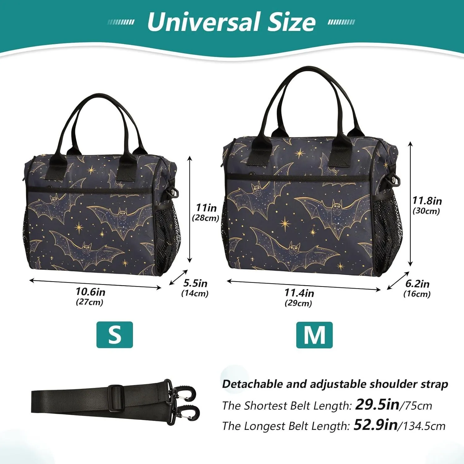 Bats Lunch Bag for Women, Insulated Lunch Box for Students, Women's Lunch Tote Bag with Side Pockets & Removable Shoulder Strap Large Cooler Purse for Picnic Work Beach