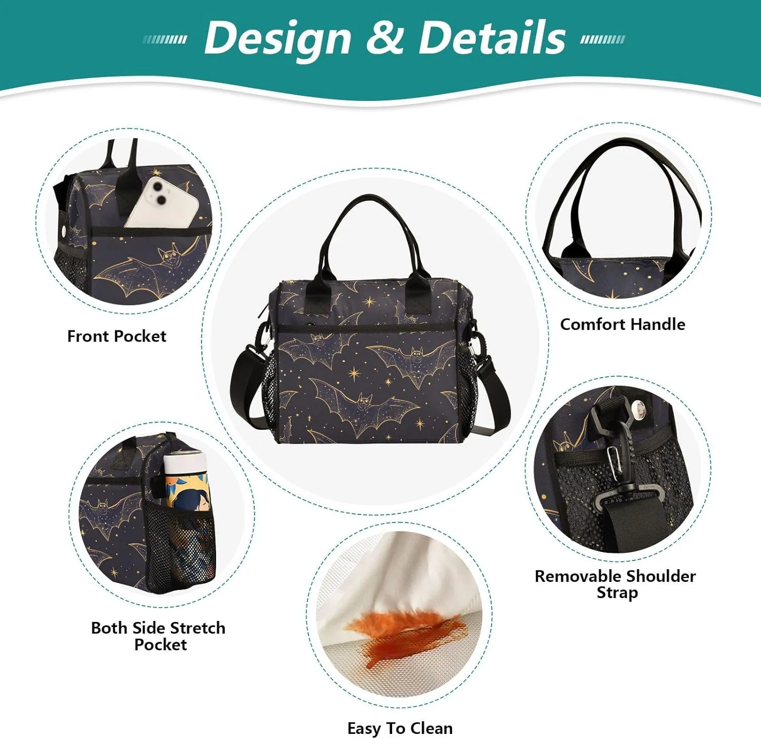 Bats Lunch Bag for Women, Insulated Lunch Box for Students, Women's Lunch Tote Bag with Side Pockets & Removable Shoulder Strap Large Cooler Purse for Picnic Work Beach