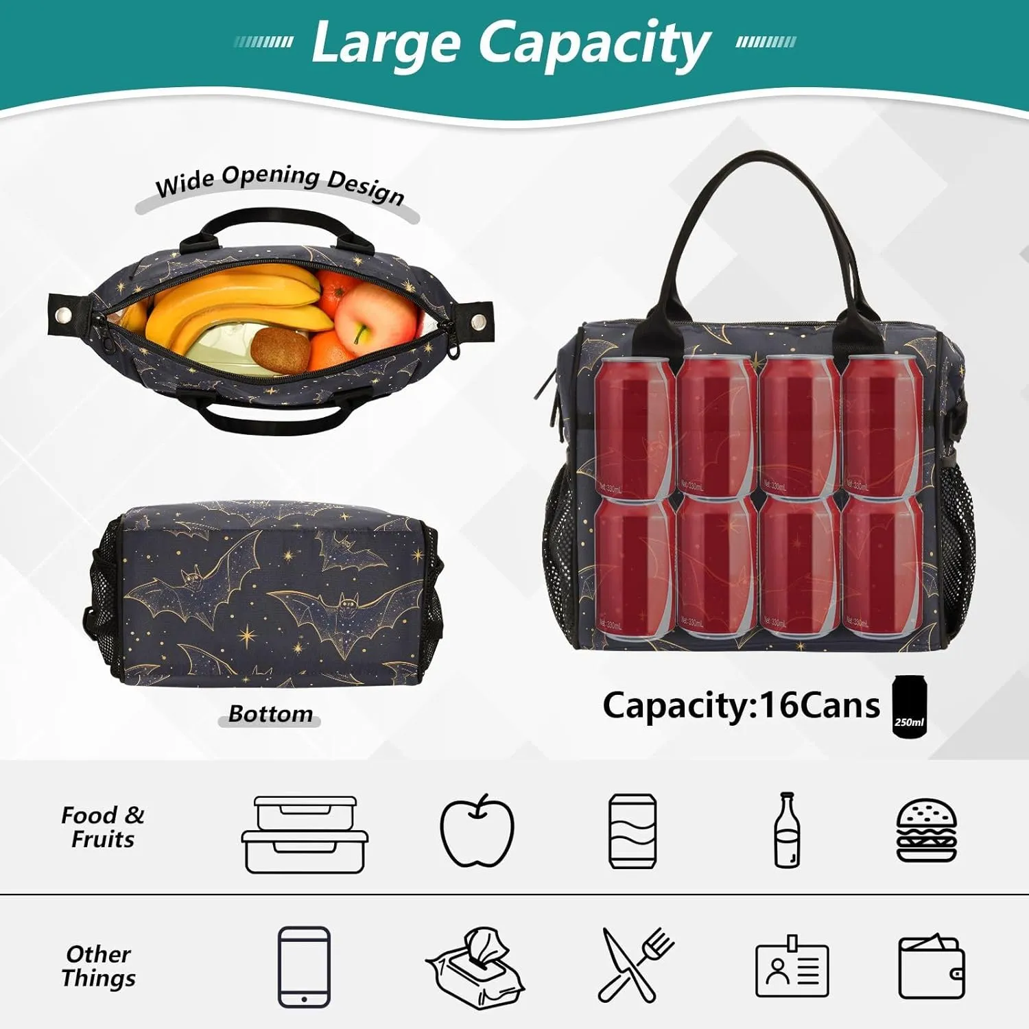 Bats Lunch Bag for Women, Insulated Lunch Box for Students, Women's Lunch Tote Bag with Side Pockets & Removable Shoulder Strap Large Cooler Purse for Picnic Work Beach