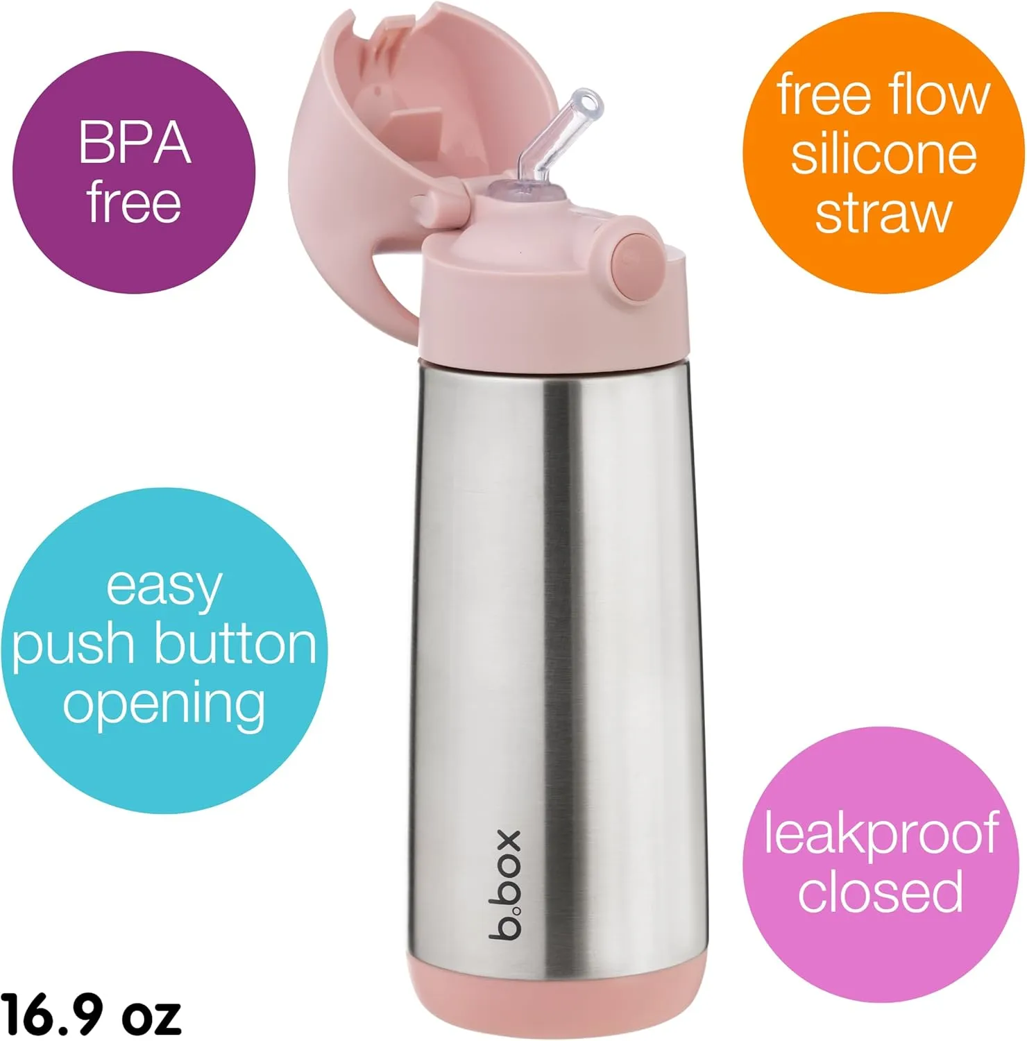 b.box 16.9 oz Insulated Water Bottle - Keeps Drinks Cold 15 Hours, Warm 8 Hours, Triple Wall Stainless Steel Kids Water Bottle w/Free Flow Silicone Straw, Leakproof & Dishwasher Safe