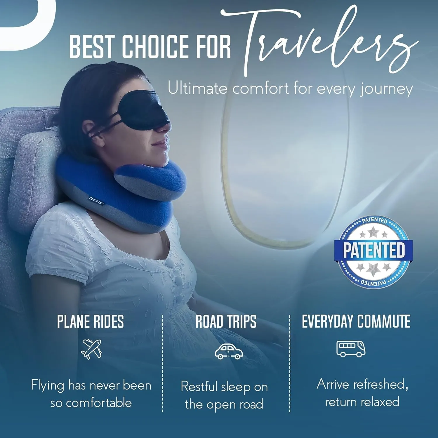 BCOZZY Travel Neck Pillow for Airplane– Patented Double Support for Head, Neck, and Chin. Best for Long Flights, Plane Sleeping, and Car Rides. Adjustable Size. Washable. Carry Bag. Large, Purple