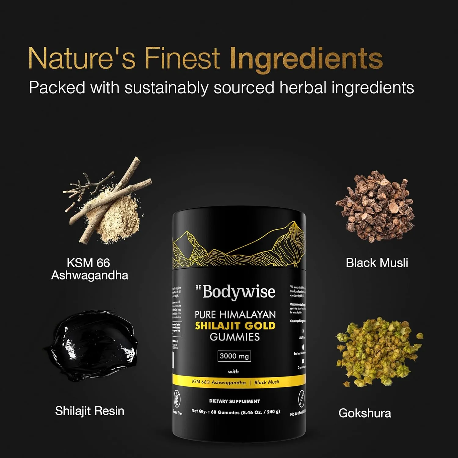 Be Bodywise Pure Himalayan Shilajit Gummies Gold I Lab Tested I No Added Sugar I Ashwagandha, Gokshura| Fulvic Acid & 85  Trace Minerals I for Men, Women I Non-GMO I 100% Natural & Organic I 60 Gummy