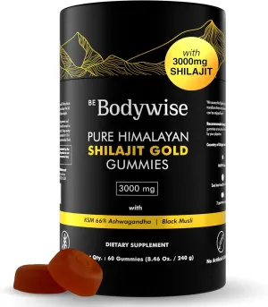 Be Bodywise Pure Himalayan Shilajit Gummies Gold I Lab Tested I No Added Sugar I Ashwagandha, Gokshura| Fulvic Acid & 85  Trace Minerals I for Men, Women I Non-GMO I 100% Natural & Organic I 60 Gummy