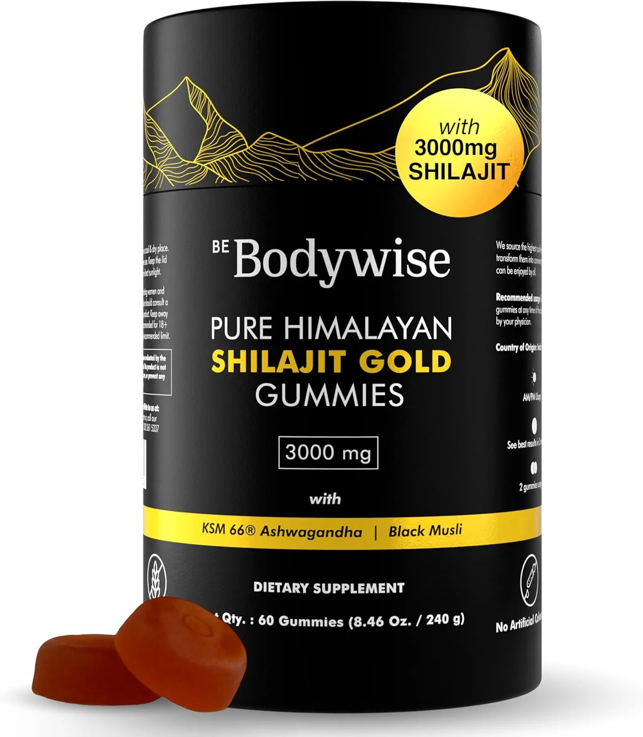 Be Bodywise Pure Himalayan Shilajit Gummies Gold I Lab Tested I No Added Sugar I Ashwagandha, Gokshura| Fulvic Acid & 85  Trace Minerals I for Men, Women I Non-GMO I 100% Natural & Organic I 60 Gummy