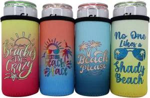 Beach Slim Can Coolers - 12oz Insulated Tall Skinny Can Sleeves, Funny Beach Themed Stocking Stuffer Small Gifts for Women