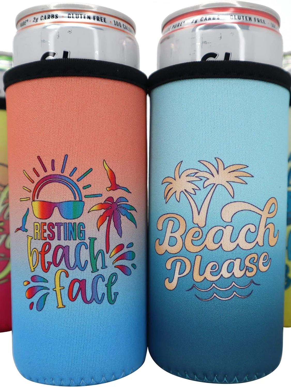 Beach Slim Can Coolers - 12oz Insulated Tall Skinny Can Sleeves, Funny Beach Themed Stocking Stuffer Small Gifts for Women