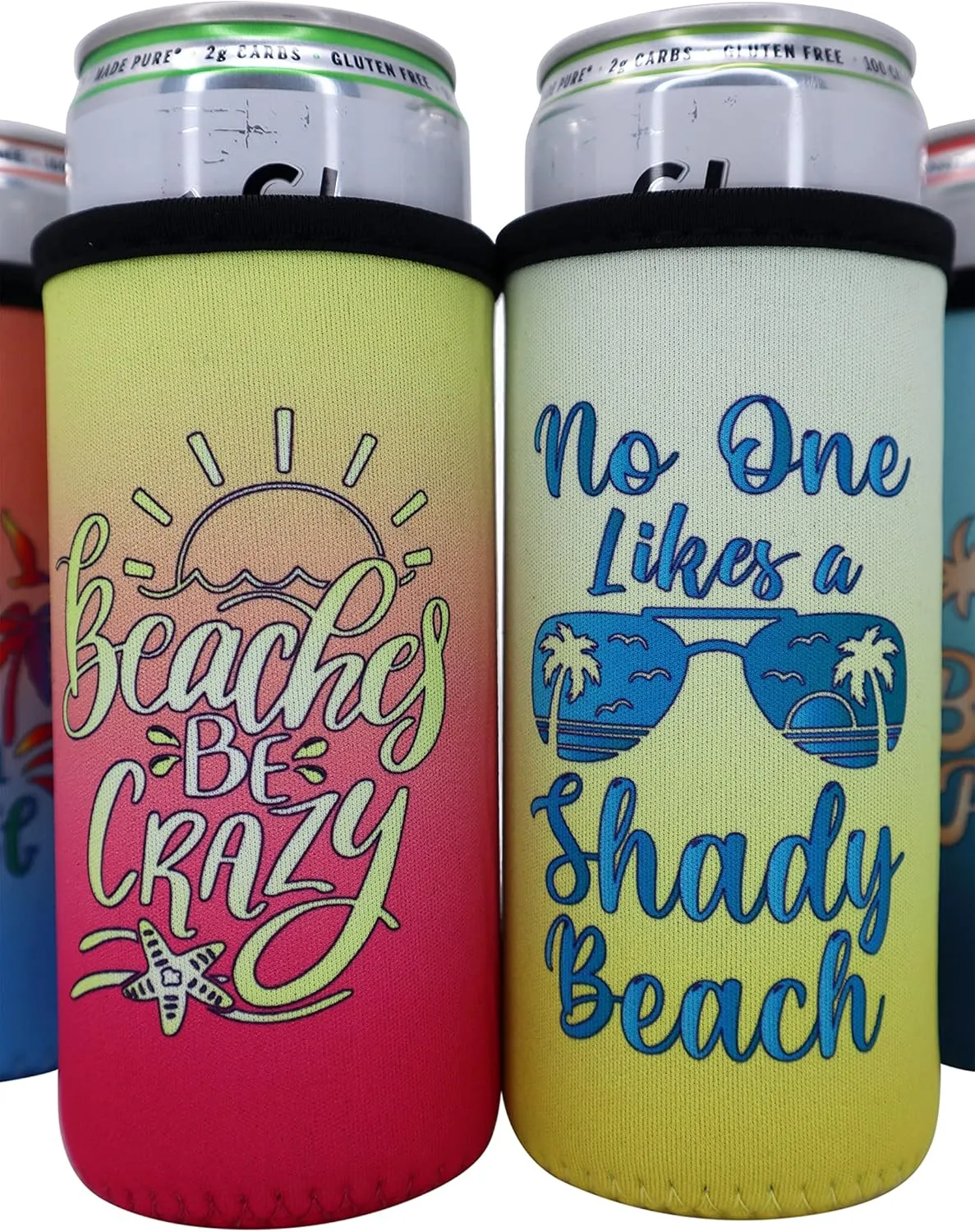 Beach Slim Can Coolers - 12oz Insulated Tall Skinny Can Sleeves, Funny Beach Themed Stocking Stuffer Small Gifts for Women