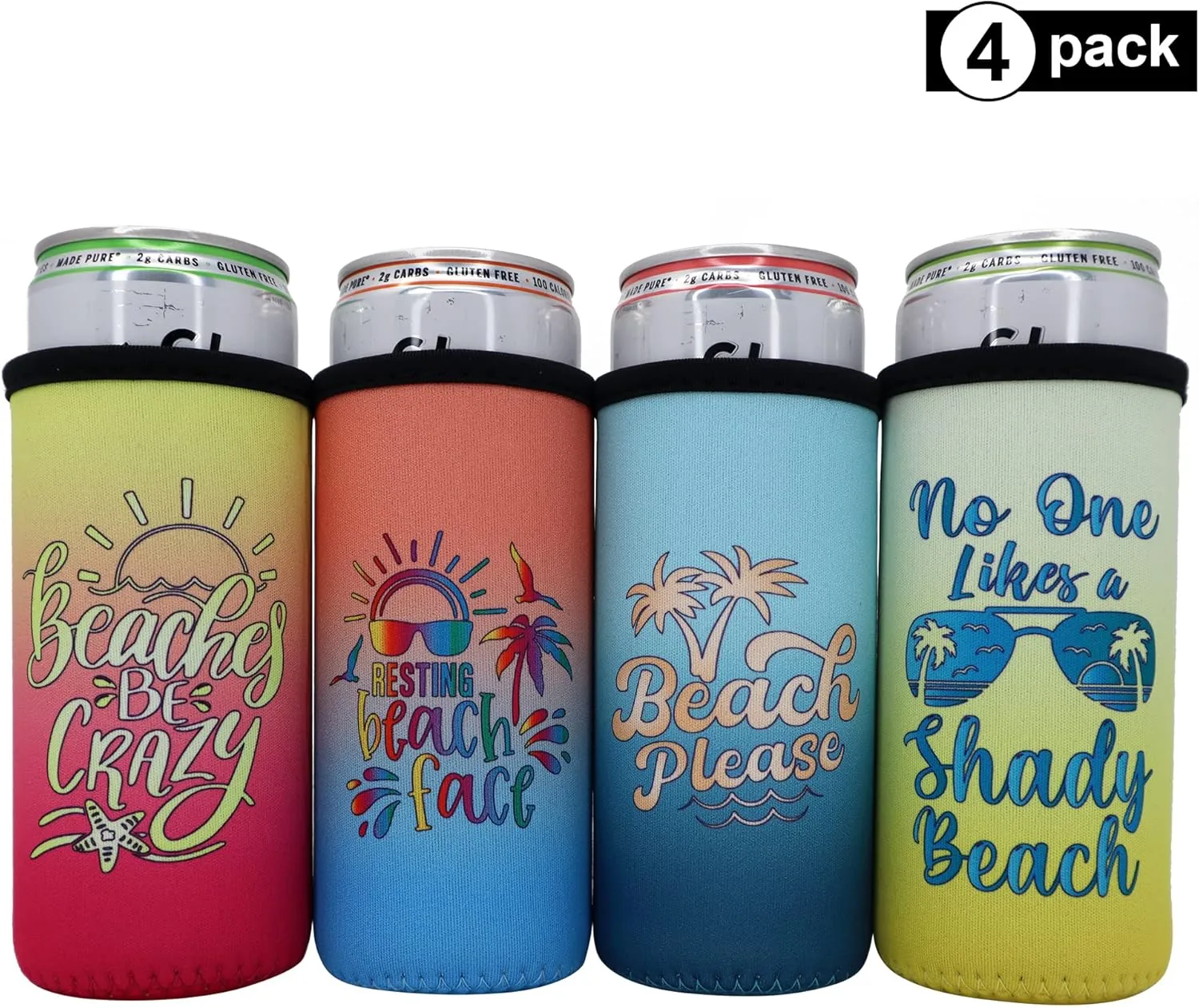 Beach Slim Can Coolers - 12oz Insulated Tall Skinny Can Sleeves, Funny Beach Themed Stocking Stuffer Small Gifts for Women