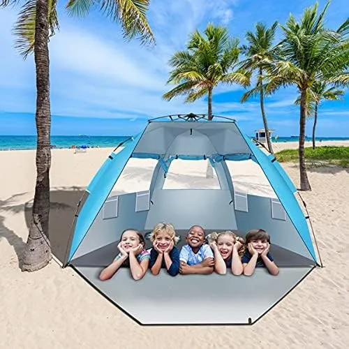 Beach Tent Shelter Shade Canopy Tent 98.43x55.12x59.06, Fiberglass Pole Oxford Cloth Quick-Open Beach Tent Portable Instant Pop Up Sun Shelter Tent for Backpacking,Hiking,Easy Set-up & Take Down
