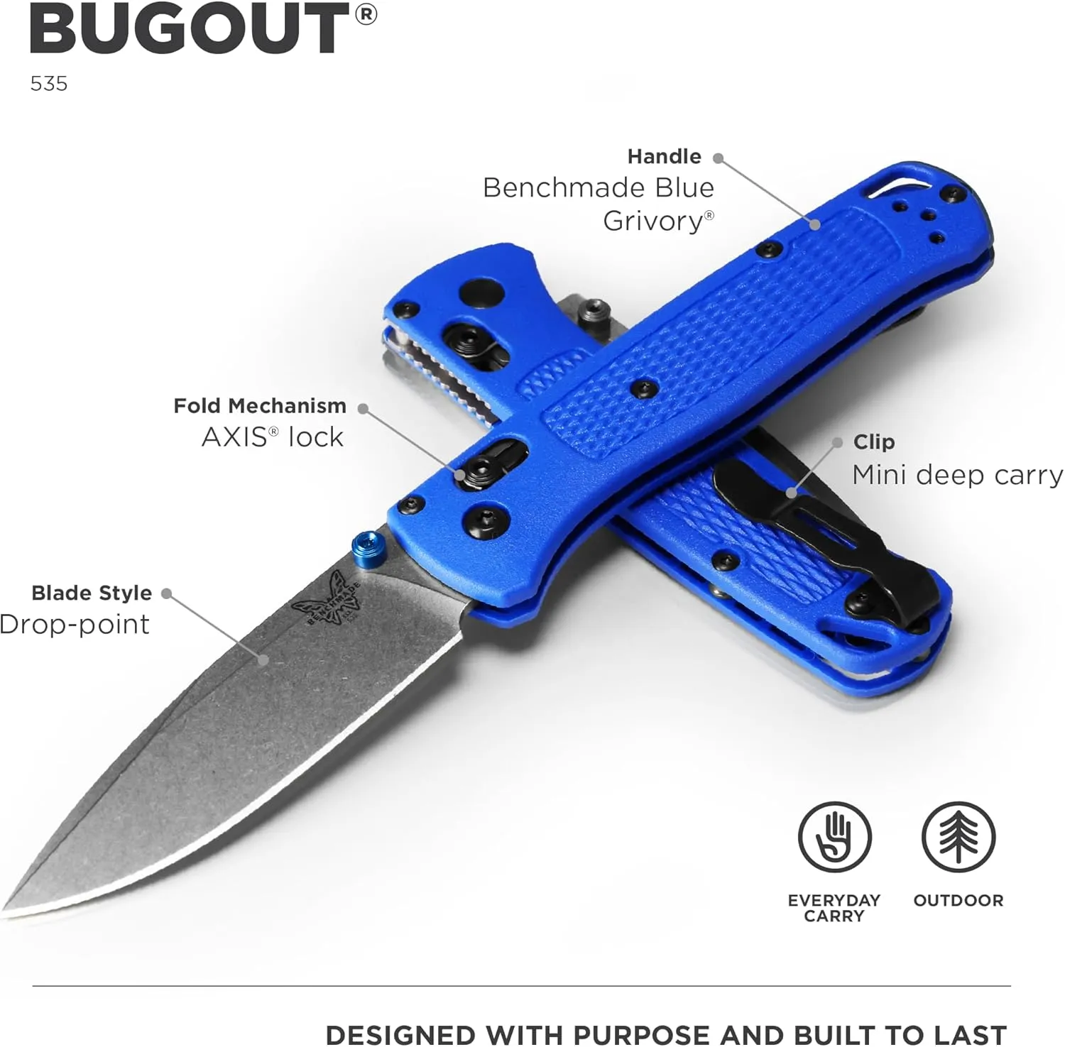 Benchmade - Bugout 535 EDC Knife with Blue Grivory Handle (535)