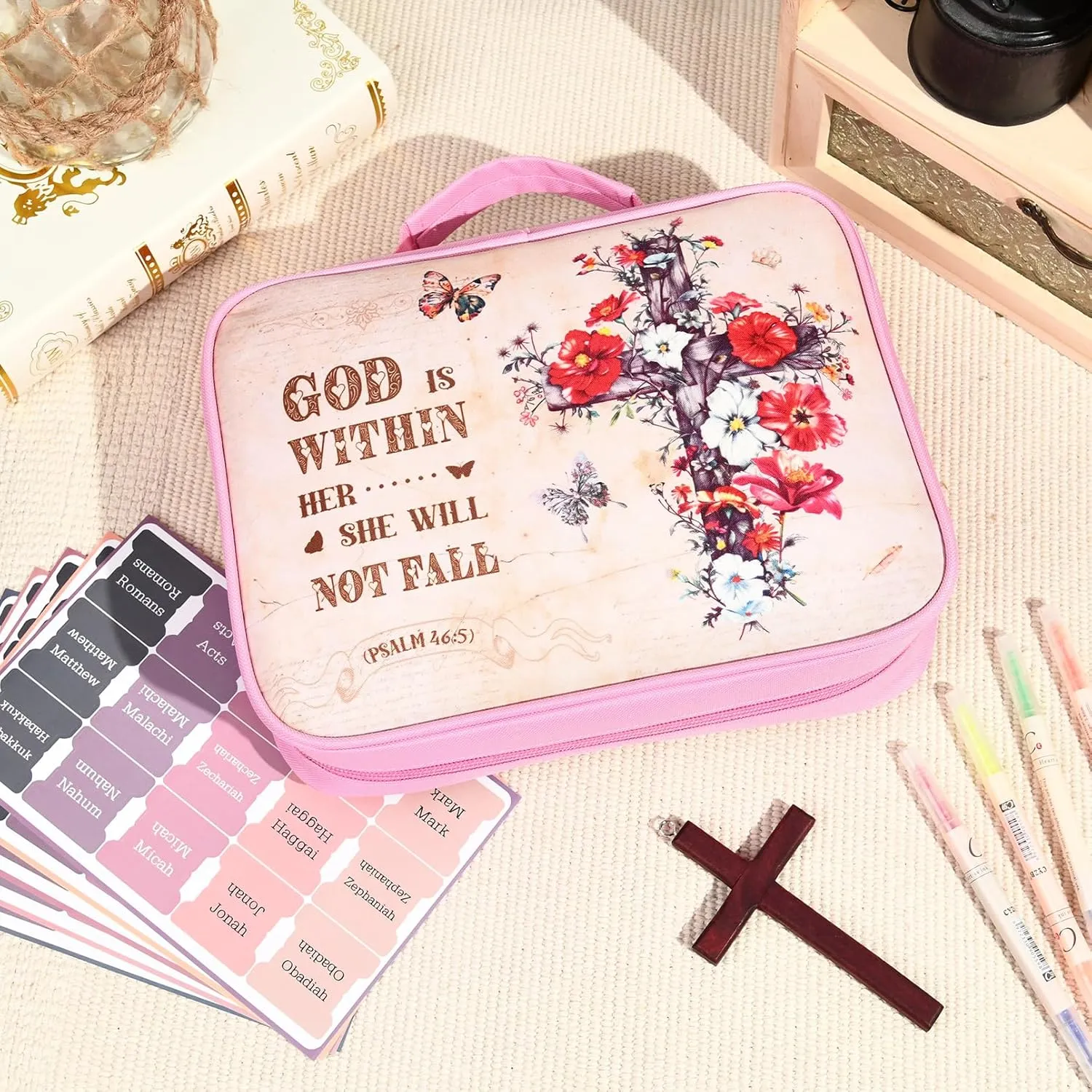 Bible Cover Case for Women, Bible Bag Carrying Case Holder with Bookmark Notation Stickers Bible Study Supplies, Ideal Mothers Day Christian Gifts for Women, Floral Cross
