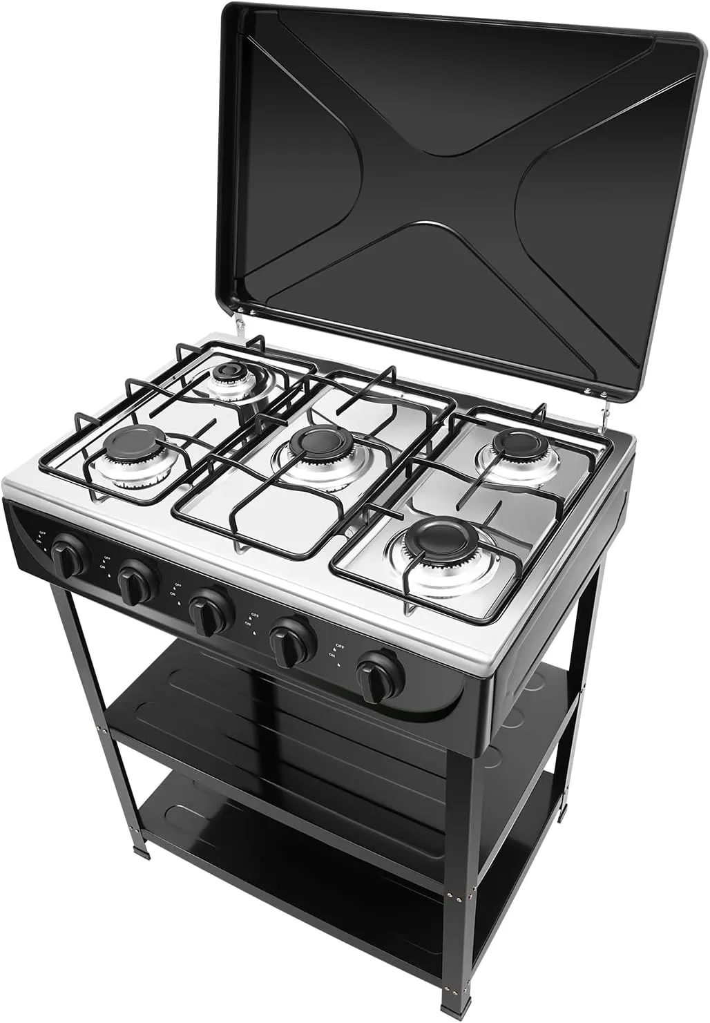Black 5-Gang Natural Gas Stove Freestanding Gas Stove Multi-Purpose Rectangular Cooking Gas Stove with Precision Heat Control Knobs for Cooking, Stir-Frying, Traveling Outdoor Camping