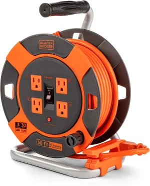 BLACK DECKER 50 Ft. Retractable Extension Cord Reel With 4 Outlets, Multi-Plug Extension, Easy Handle Rewind & Heavy-Duty 14AWG SJTW Cable