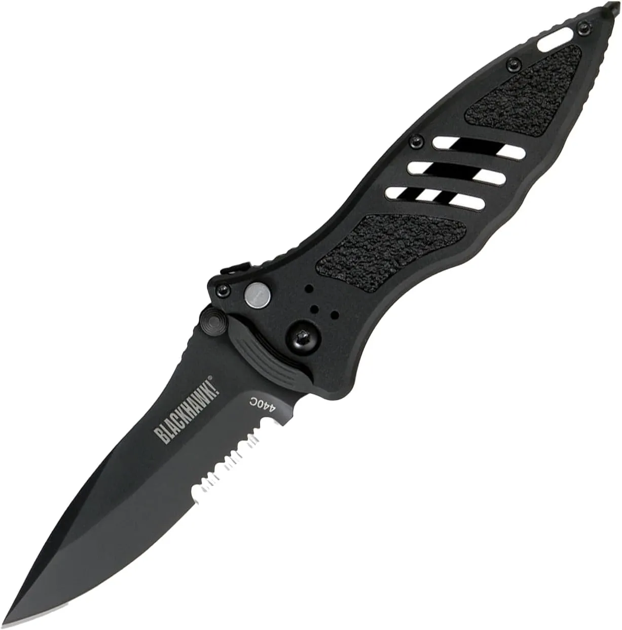 Blackhawk Small Button Lock Folder Knife, 3-1/4” D2 Tool Steel Partially Serrated Blade with Seatbelt Cutter and Glass Breaker (BH15M211BK)