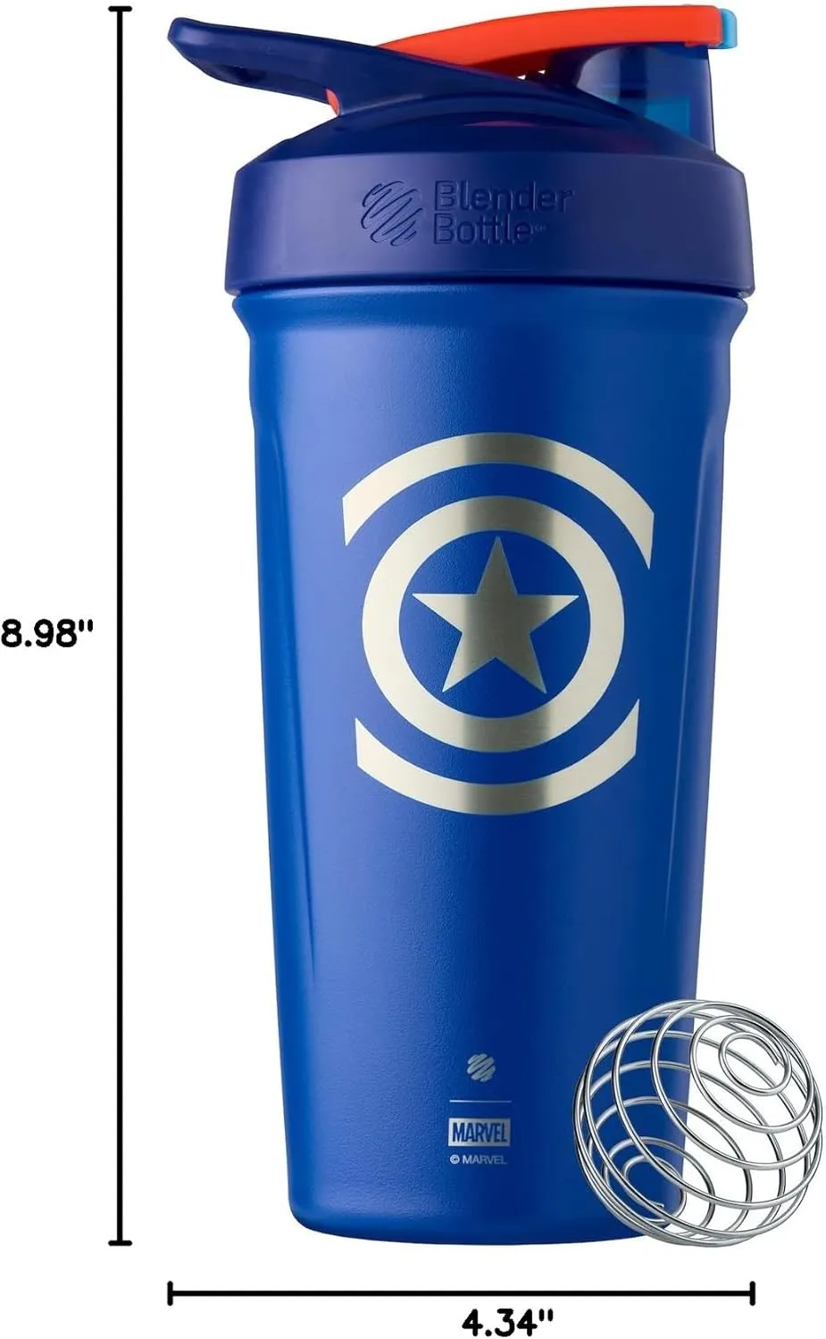 BlenderBottle Marvel Strada Shaker Cup Insulated Stainless Steel Water Bottle with Wire Whisk, 24-Ounce, Captain America Shield
