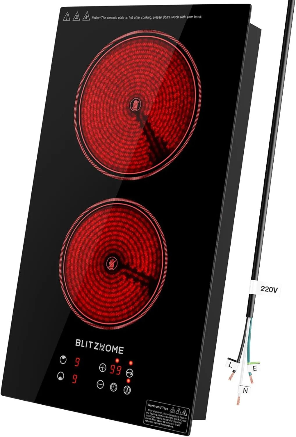 BLITZHOME Electric Stove Top 2 Burner, 12inch Electric Cooktop, Built-in Ceramic Cooktop with 9 Power Levels/Timer/Child Safety Lock/Touch Control/Overheat Protection, 220-240V, Hard Wire, No Plug
