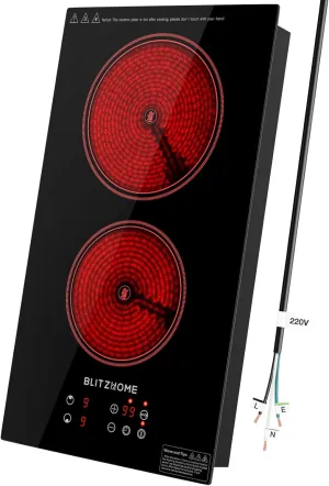 BLITZHOME Electric Stove Top 2 Burner, 12inch Electric Cooktop, Built-in Ceramic Cooktop with 9 Power Levels/Timer/Child Safety Lock/Touch Control/Overheat Protection, 220-240V, Hard Wire, No Plug