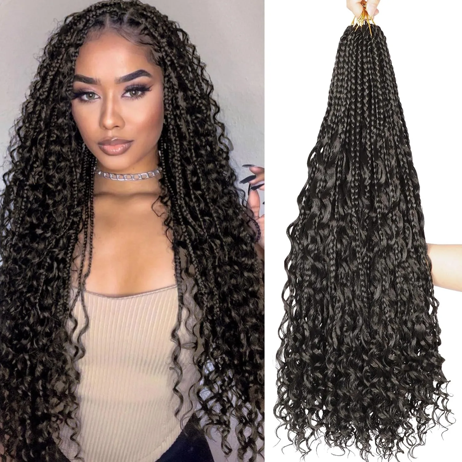 Boho Crochet Braids for Black Women - Goddess Box Braids, 24inch, 8Pack, Pre Looped, Synthetic, Black