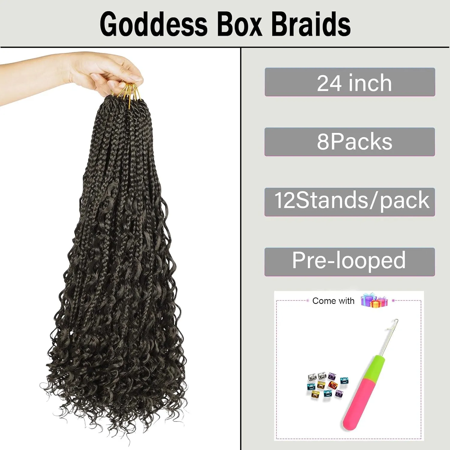 Boho Crochet Braids for Black Women - Goddess Box Braids, 24inch, 8Pack, Pre Looped, Synthetic, Black