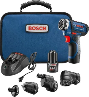 BOSCH GSR12V-140FCB22 12V Drill/Driver 5-In-1 Flexiclick System - Torque, Lightweight, Magnetic Bit Holder, Keyless Chuck, Right Angle & Offset Attachments. Includes 2.0 Ah Batteries & Charger
