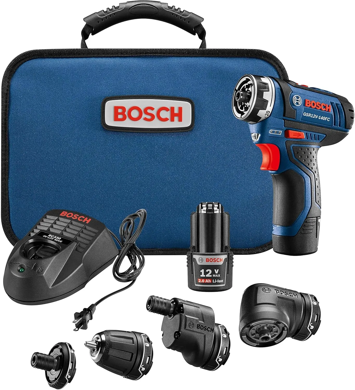 BOSCH GSR12V-140FCB22 12V Drill/Driver 5-In-1 Flexiclick System - Torque, Lightweight, Magnetic Bit Holder, Keyless Chuck, Right Angle & Offset Attachments. Includes 2.0 Ah Batteries & Charger