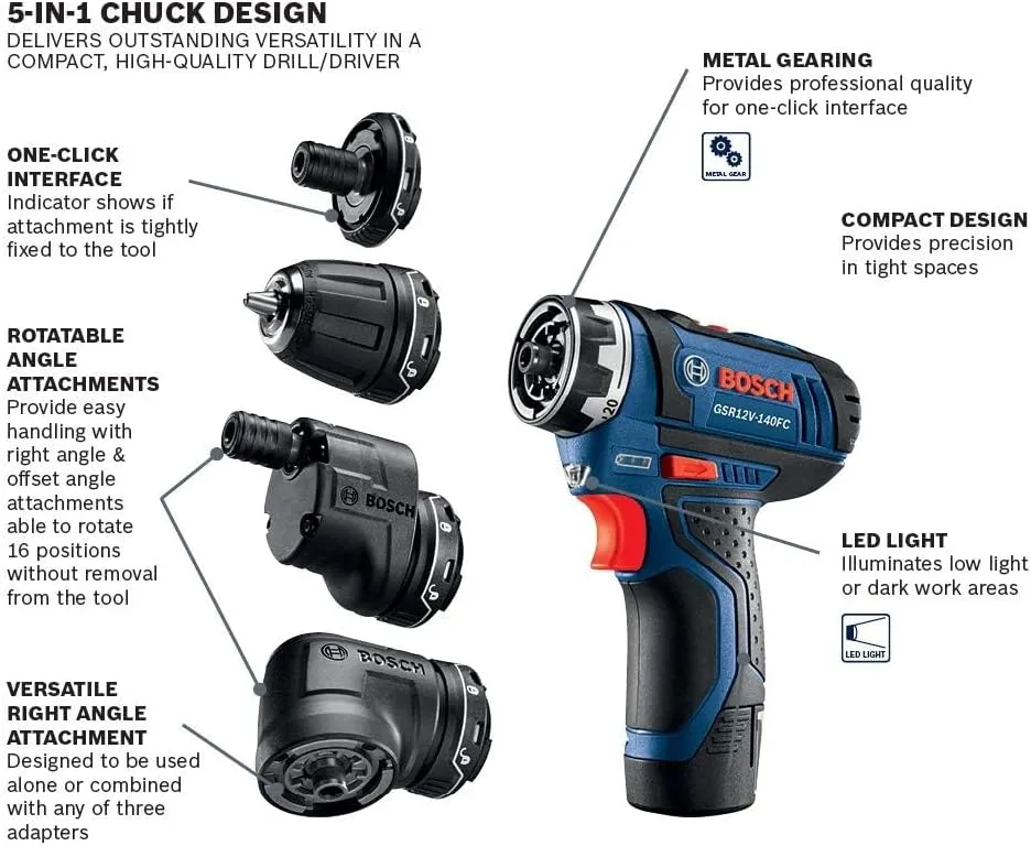 BOSCH GSR12V-140FCB22 12V Drill/Driver 5-In-1 Flexiclick System - Torque, Lightweight, Magnetic Bit Holder, Keyless Chuck, Right Angle & Offset Attachments. Includes 2.0 Ah Batteries & Charger