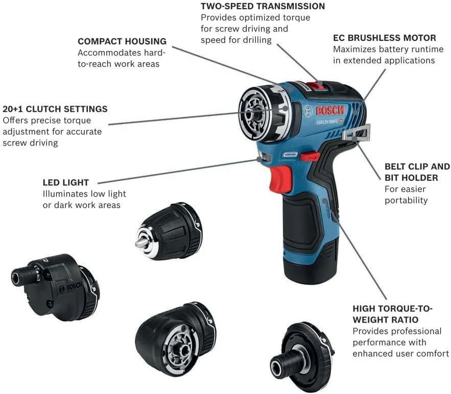 BOSCH GSR12V-300FCB22 12V Max EC Brushless Flexiclick 5-In-1 Drill/Driver System with (2) 2 Ah Batteries