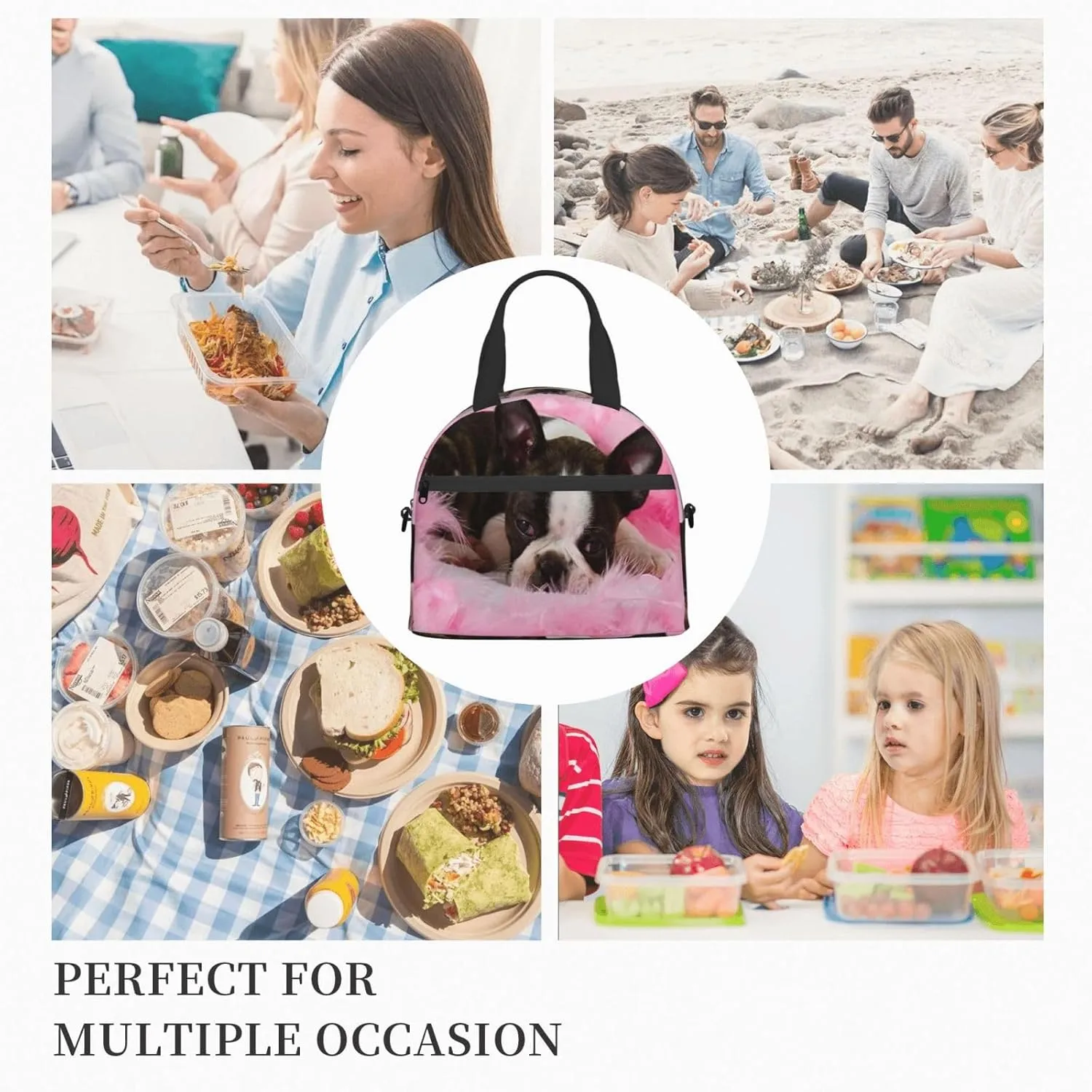 Boston Terrier Puppy Sleep Among Lunch Bag Hand Tote Crossbody Insulated Lunch Bag Large Portable Lunch Box