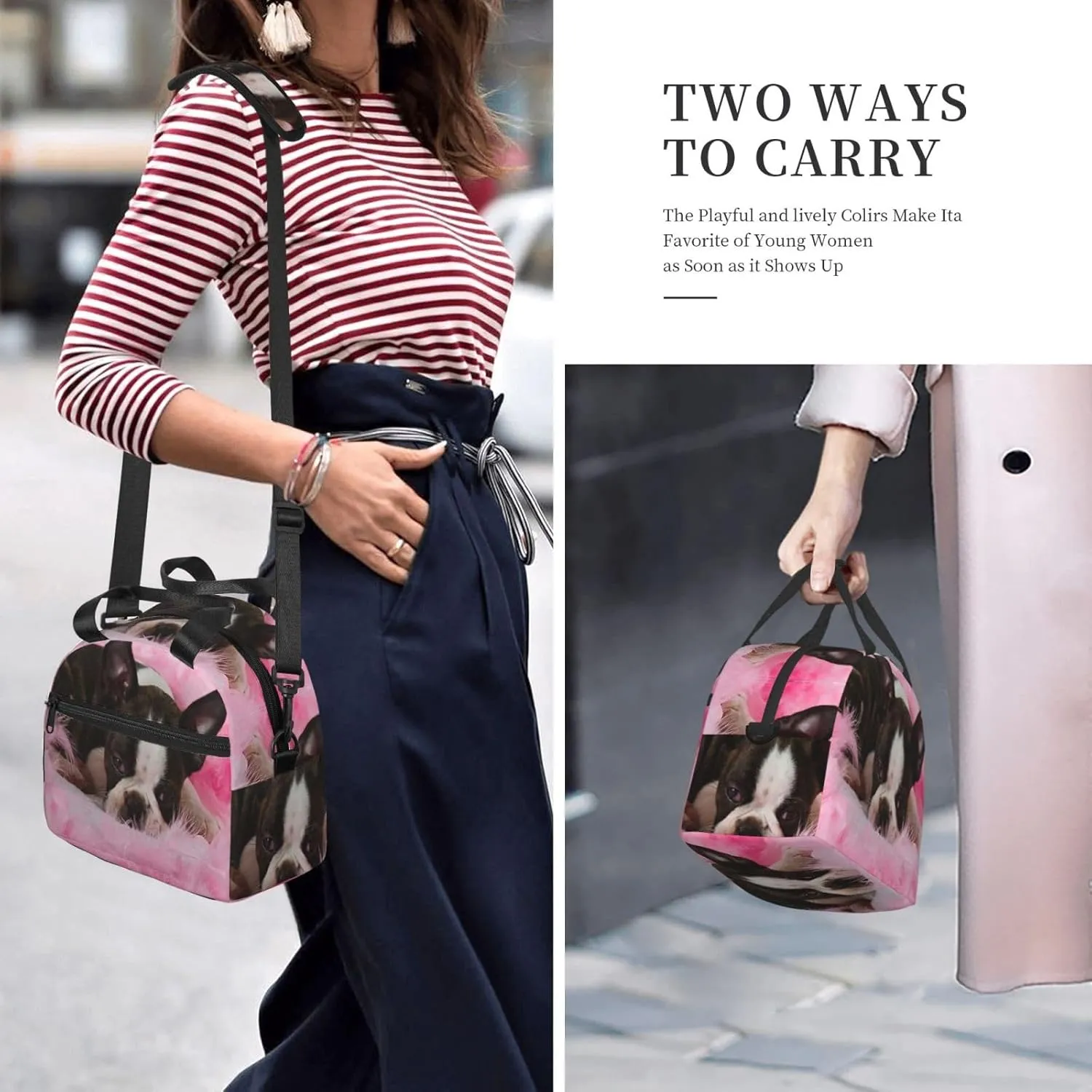 Boston Terrier Puppy Sleep Among Lunch Bag Hand Tote Crossbody Insulated Lunch Bag Large Portable Lunch Box