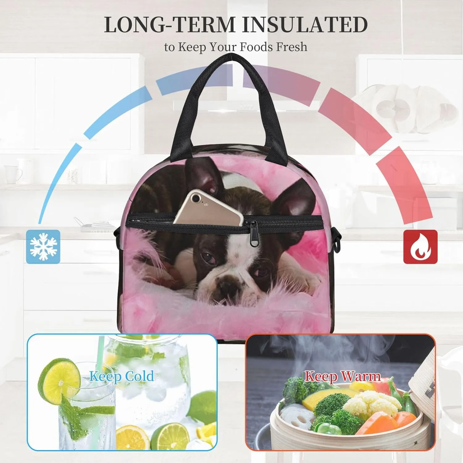 Boston Terrier Puppy Sleep Among Lunch Bag Hand Tote Crossbody Insulated Lunch Bag Large Portable Lunch Box