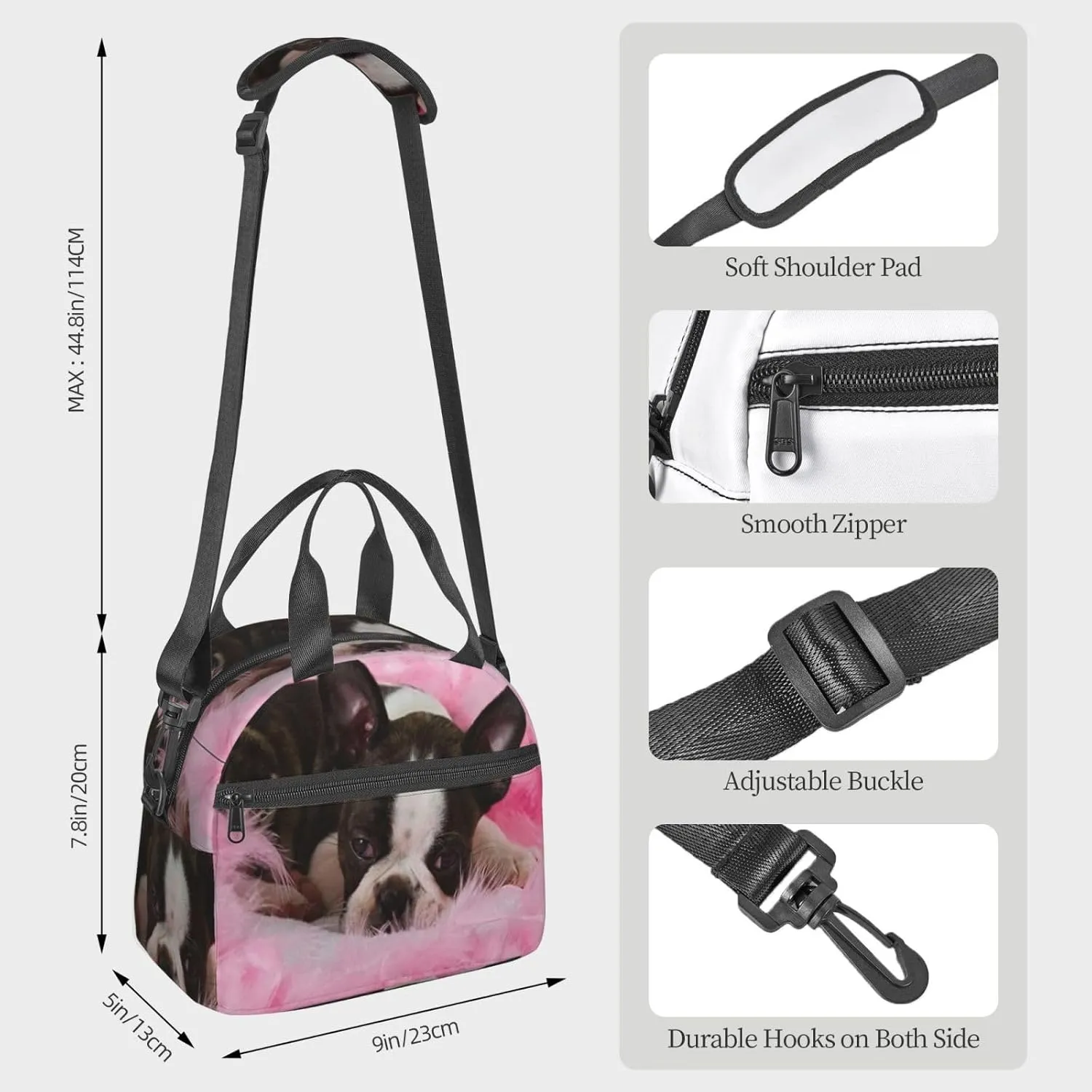 Boston Terrier Puppy Sleep Among Lunch Bag Hand Tote Crossbody Insulated Lunch Bag Large Portable Lunch Box