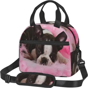 Boston Terrier Puppy Sleep Among Lunch Bag Hand Tote Crossbody Insulated Lunch Bag Large Portable Lunch Box